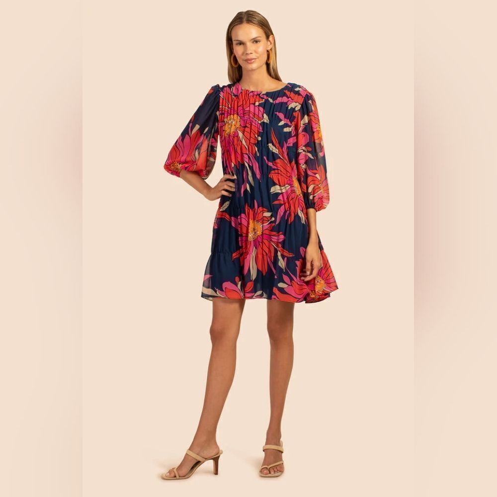 Trina Turk Silvery Dress Blue Floral With 3/4 Baloon Sleeves Small